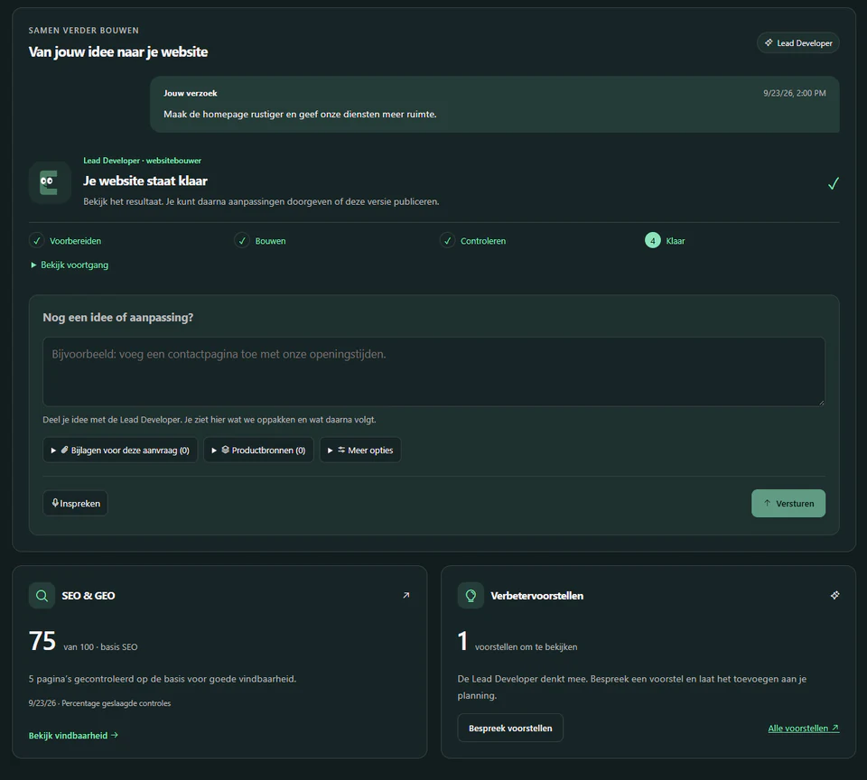 Een verzoek om de homepage rustiger te maken, met de stappen voorbereiden, bouwen, controleren en klaar, en daaronder de SEO-score en openstaande verbetervoorstellen.