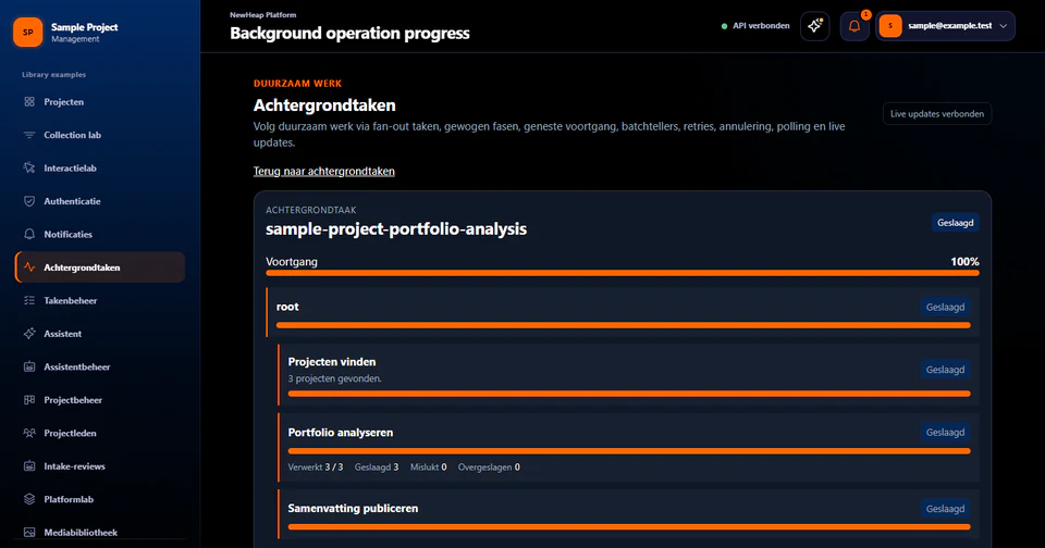 Een achtergrondtaak die drie projecten analyseert, met de voortgang per fase: projecten vinden, portfolio analyseren en samenvatting publiceren.