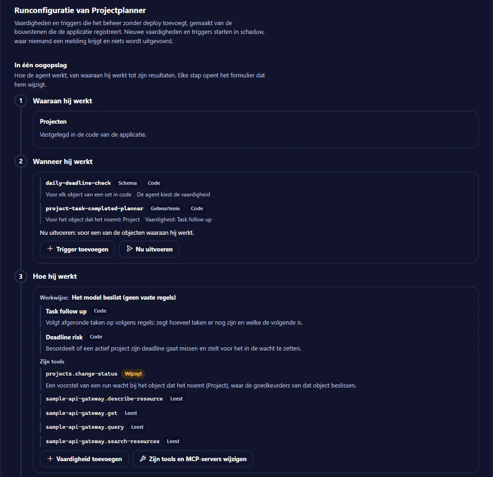 De runconfiguratie van de agent Projectplanner in genummerde stappen: waaraan hij werkt, wanneer hij werkt en hoe, met zijn tools die lezen of wijzigen.